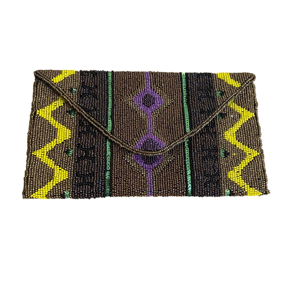 Embellished BoHo Geometric Sequin Beaded Heavy Weight Clutch Purse Bronze Yellow